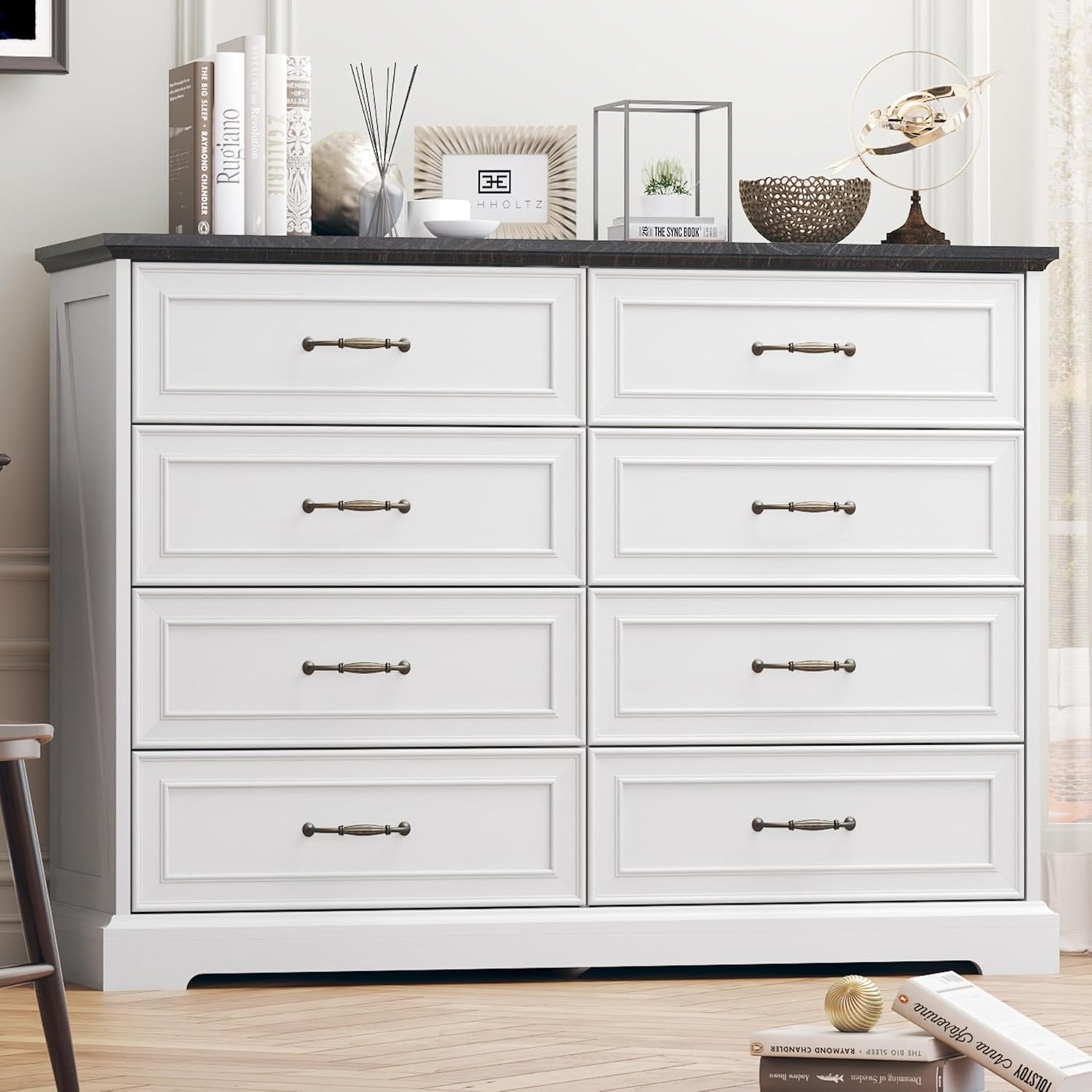 8 Drawer Dresser for Bedroom, 47" Wide Wooden Chest of Drawers, Rustic Farmhouse Dresser with Large Drawers & Metal Handles, Modern Storage Organizer for Closet, Living Room, Hallway, White
