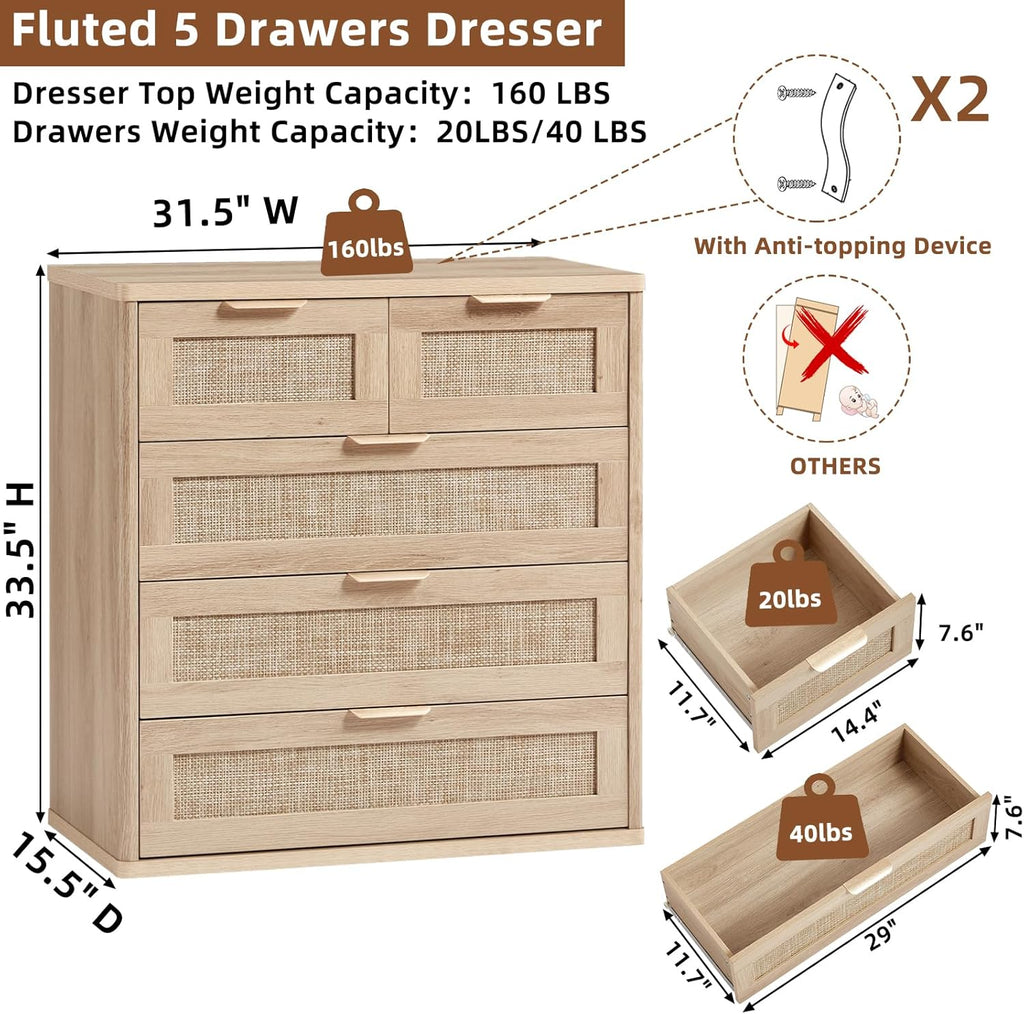 LEYAOYAO Rattan Dresser for Bedroom Set of 2, 33.5" Tall Chest of Drawers, Modern 5 Drawers Boho Dressers with Storage, Light Oak Dresser Wooden Closet Organizer for Living Room, Hallway, Natural Wood
