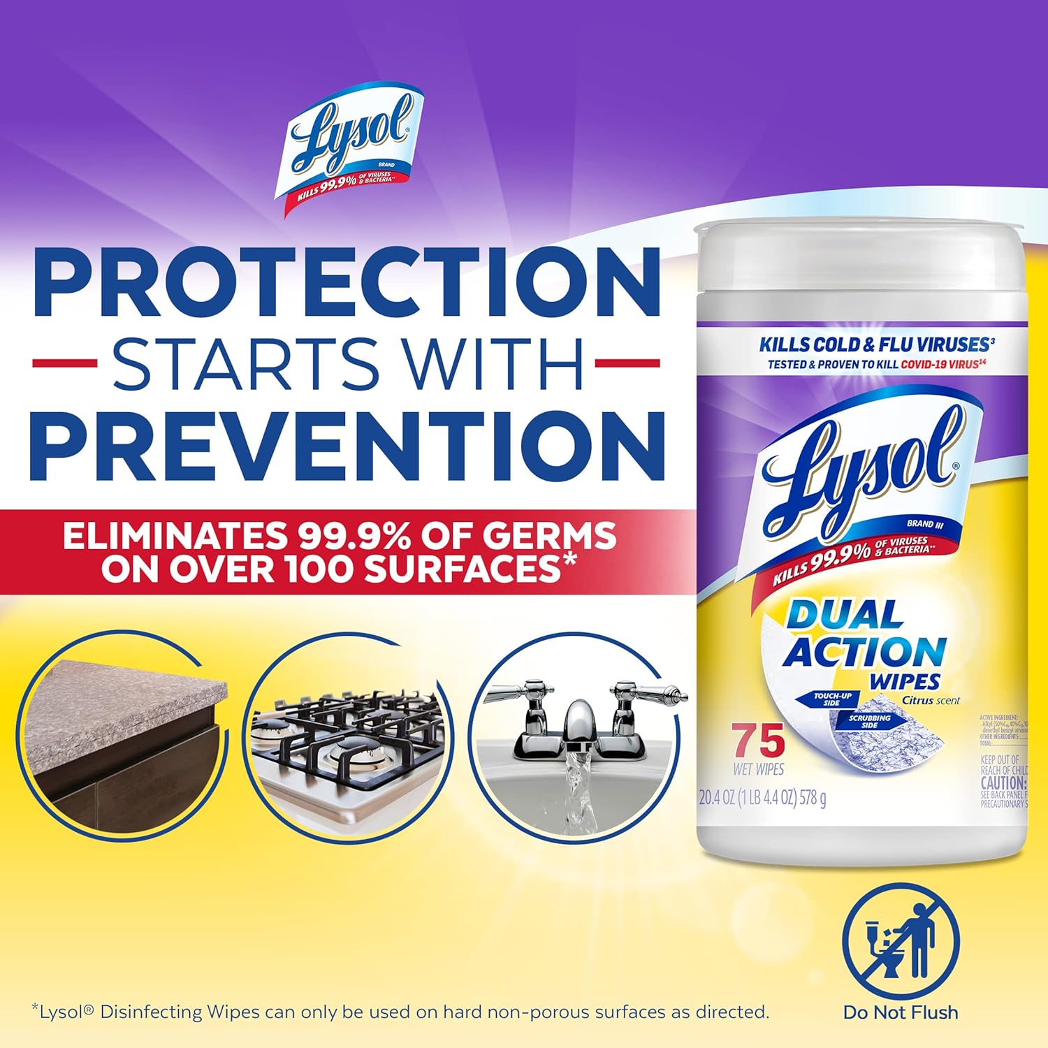 Lysol Dual Action Disinfectant Wipes, Multi-Surface Antibacterial Scrubbing Wipes, For Disinfecting and Cleaning, Citrus Scent, 75ct (Pack of 12), Packaging May Vary