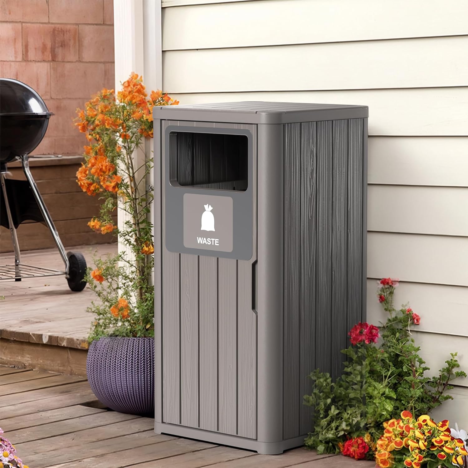 ROJIK 35" Tall Outdoor Trash Can,Weatherproof Resin Garbage Indoor Durable Lightweight,Suitable for Patio Office Kitchen,Easy to Clean,Assemble (Waste,Grey)