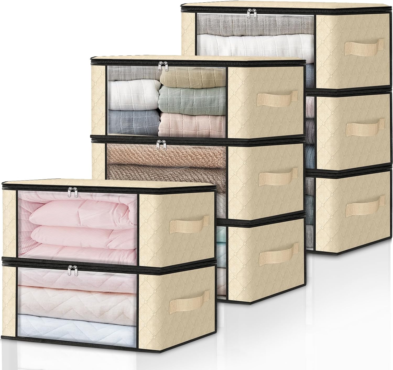 HomeHacks Storage 8-Pack Clothes Organizer Storage Bags Foldable Storage Box with Large Clear Window Sturdy Handles for Closet, Dorm, Pillows, Bedding, Clothes, Blankets, 35L, Beige