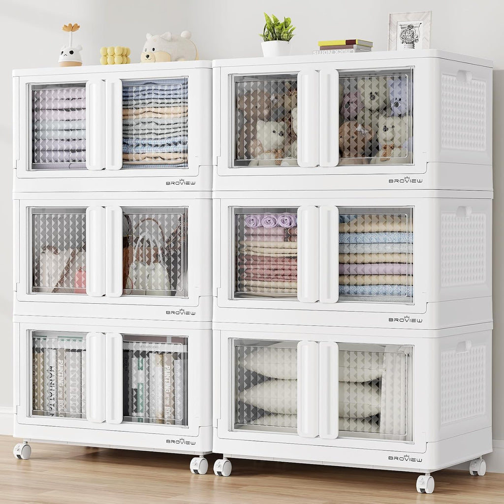 BROVIEW 120Gal Stackable Storage Bins with Lids & Wheels, 480Qt Plastic Collapsible Closet Organizer and Storage Drawers, Storage Boxes Cabinets for Home, Office, 6 Pack, White
