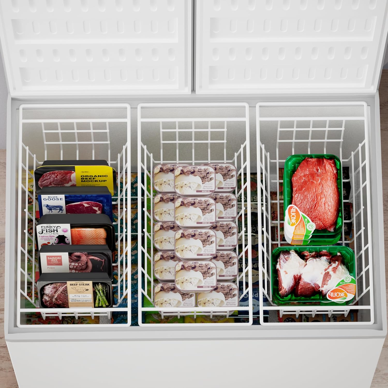 SANNO Chest Freezer Baskets Organizer, Deep Freezer Baskets Bin Sturdy Metal Wire freezer storage Organizer for Home Kitchen,16.5in