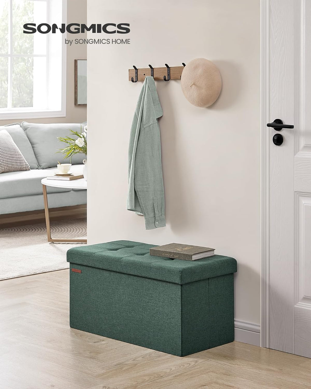 SONGMICS Mazie Collection - 30 Inches Folding Storage Ottoman Bench, Ottoman Foot Rest, End of Bed Bench, Storage Chest, Load 660 lb, for Living Room, Bedroom, Entryway, Retro Green ULSF047C01