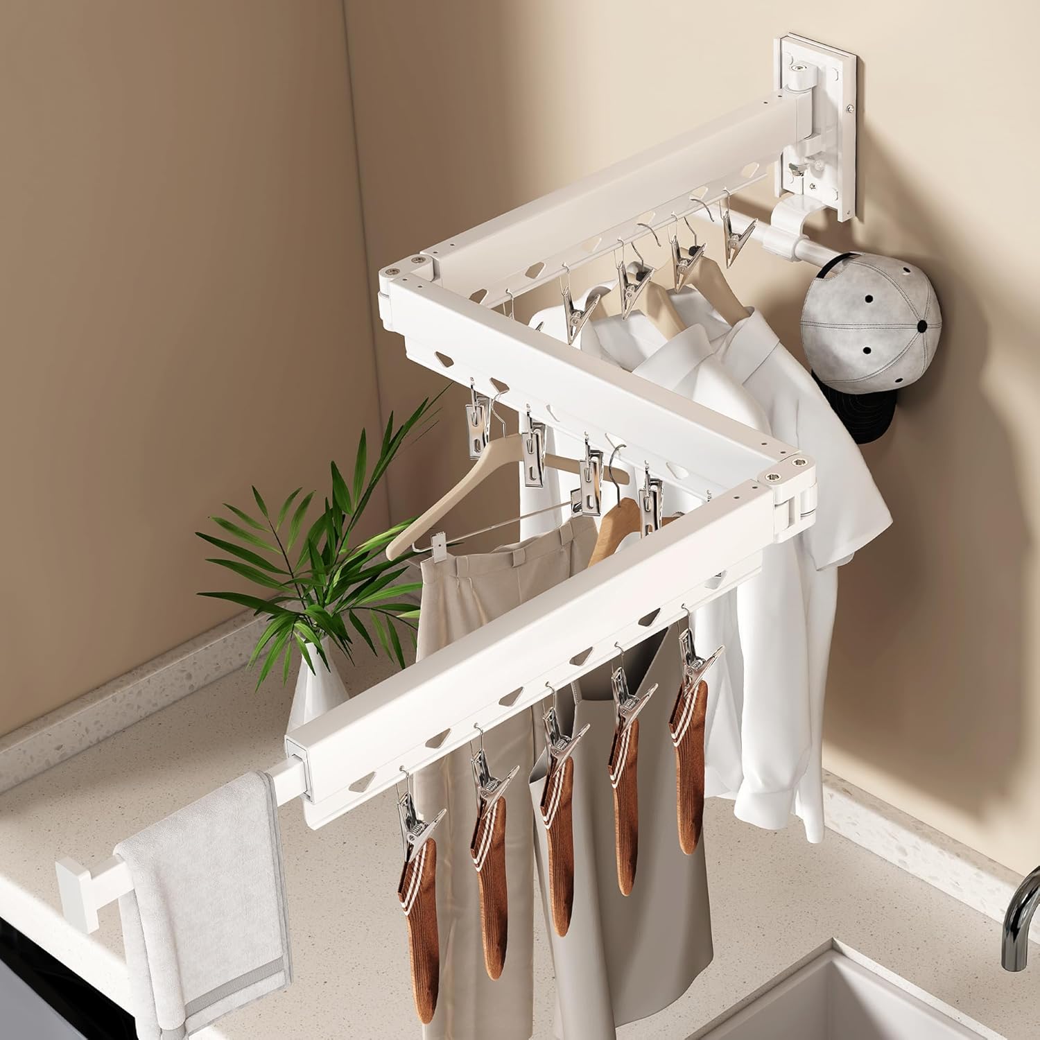 Wall Mounted Collapsible Clothes Drying Rack, Durable Space-Saving Laundry Drying Rack Clothing Hanger, Upgraded with Clips and Windproof Holes