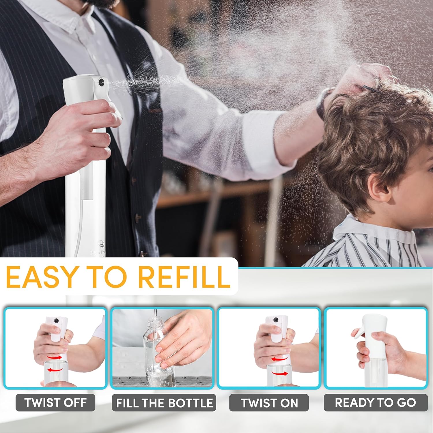Hula Home Spray Bottle for Hair (10.1oz/300ml) - Powered by Flairosol® Spray Technology - Continuous Ultra Fine Mist Sprayer – For Hairstyling, Cleaning, Salons, Plants, Essential Oil & More - White