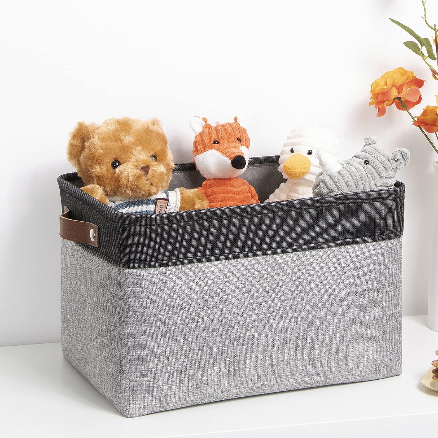 DULLEMELO Fabric Storage Basket for Shelves/Closets, Collapsible Rectangle Basket for Organizing Clothes, Toys, Towels, Books, Laundry, Nursery, Dog Toy Basket Empty (Black&Gray)