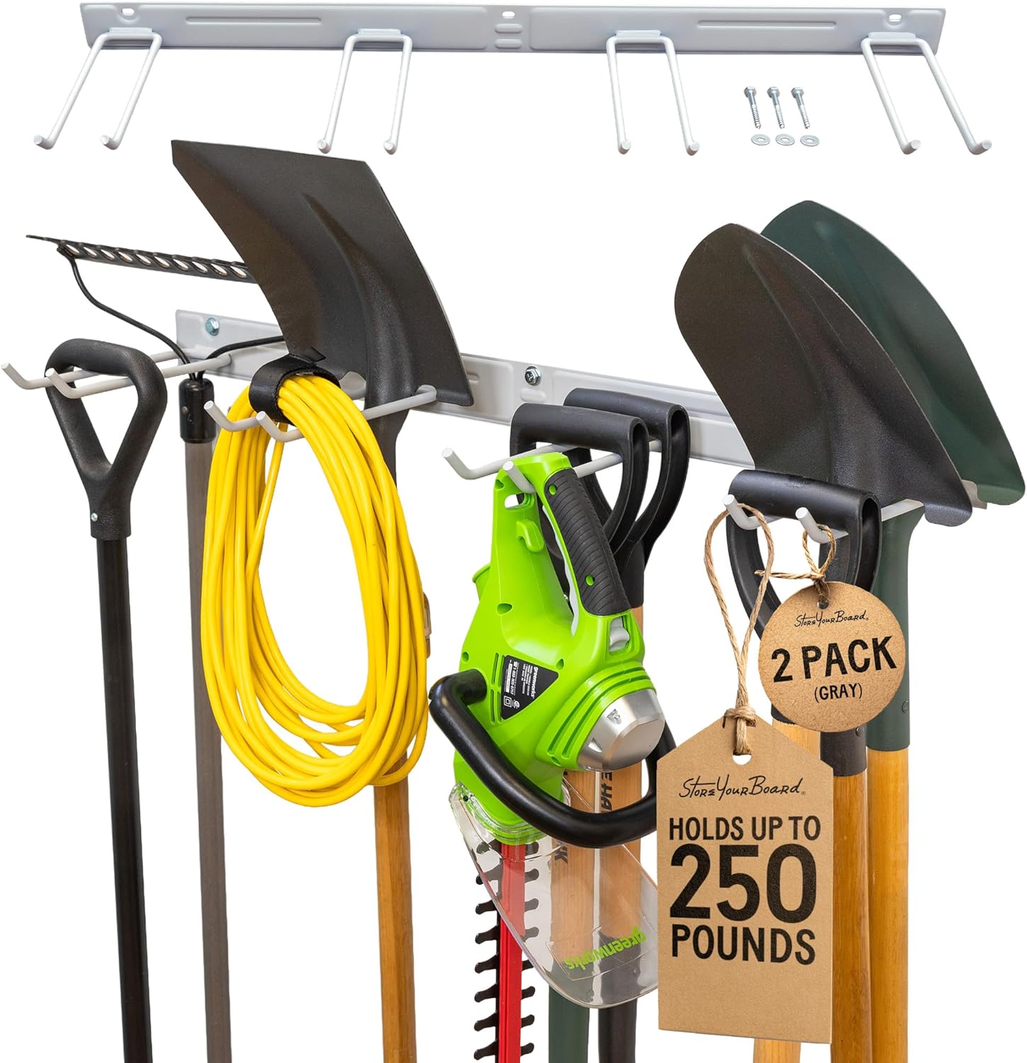 StoreYourBoard Wall-Mounted Rack With 4 Garage Hooks – Heavy-Duty Steel Holder Garage & Garden Storage for Shed, Workshop, or Home Organization – For Rakes, Shovels, Tools & More – 2 Pack, Gray