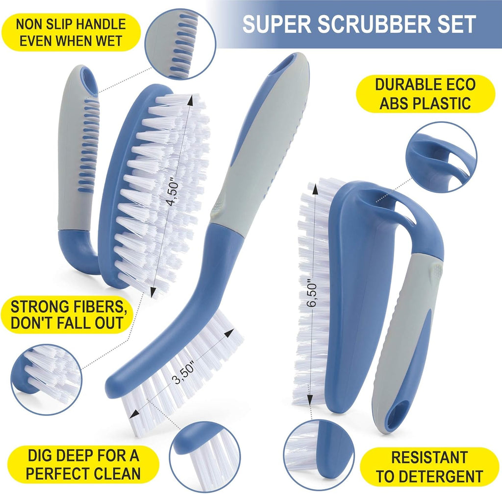 Scrub Brush Set of 6 pcs - Red or Blue Randomly Color, Cleaning Shower Scrubbers with Squeegee for Shower Glass & Adhesive Wall Hooks Including Grout Cleaner Brush for Cleaning Bathroom, Tile