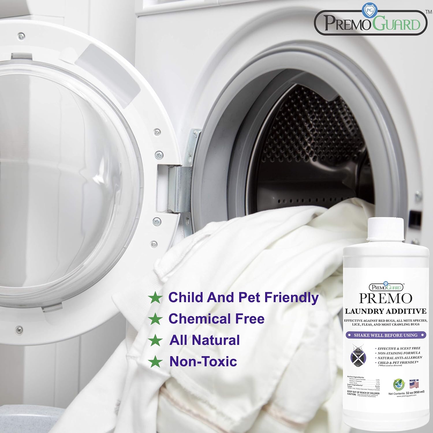 Bed Bug & Mite Laundry Detergent Additive by Premo Guard – 32 oz – Child & Pet Friendly – Stain & Odor Free – Best Natural Non-Toxin Treatment