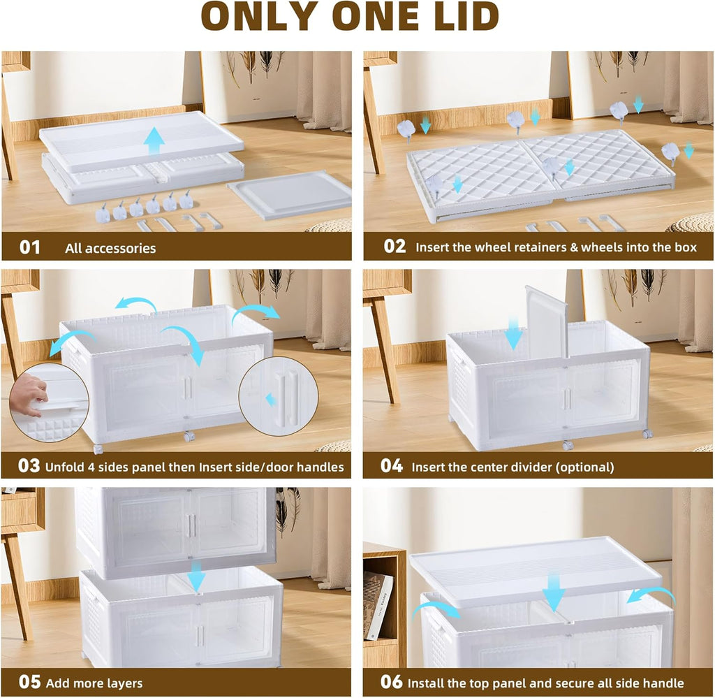 752QT/188Gal 4 Stackable Storage Bins with Lid and 8 doors, Motion Sensor Lights in Cabinets, Large Collapsible Container Box with 6 Wheels, Plastic Foldable Organizer for Home - Pure White