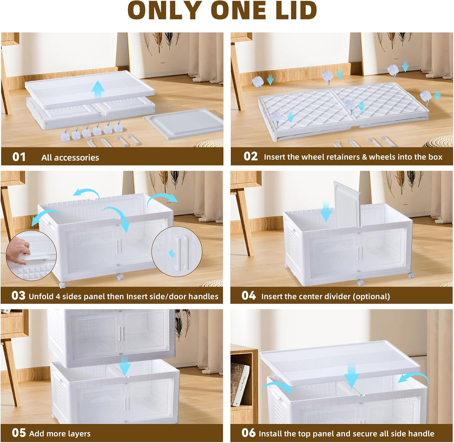 752QT/188Gal 4 Stackable Storage Bins with Lid and 8 doors, Motion Sensor Lights in Cabinets, Large Collapsible Container Box with 6 Wheels, Plastic Foldable Organizer for Home - Pure White