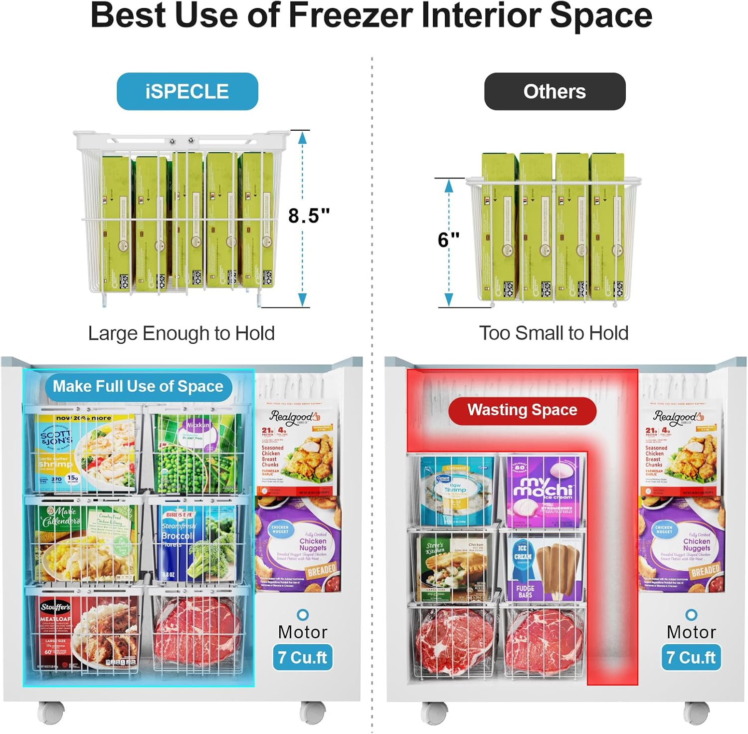 iSPECLE Freezer Organizer Bins - 4 Pack Adjustable & Extra Large Chest Freezer Organizer Bins for 5 to 9 Cu.Ft Deep Freezer, Easy Organize Basket Store More, Stackable No Wasted Space, White