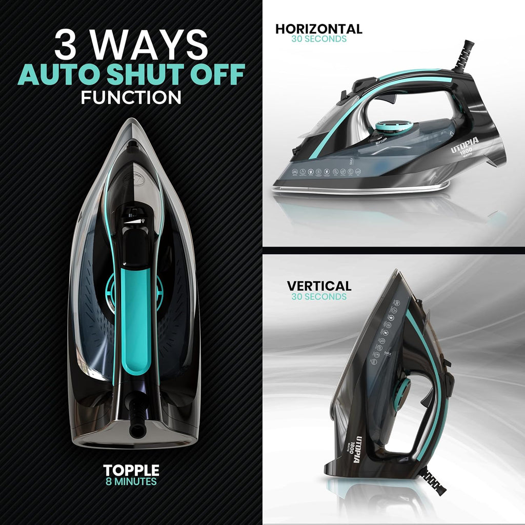 Utopia Home Steam Iron for Clothes - Non-Stick Soleplate - 1800W Clothes Iron With Auto-Off Safety Feature - Adjustable Thermostat Control, Variable Steam Control, Self-Clean, 8 Feet Cord (Black/Teal)