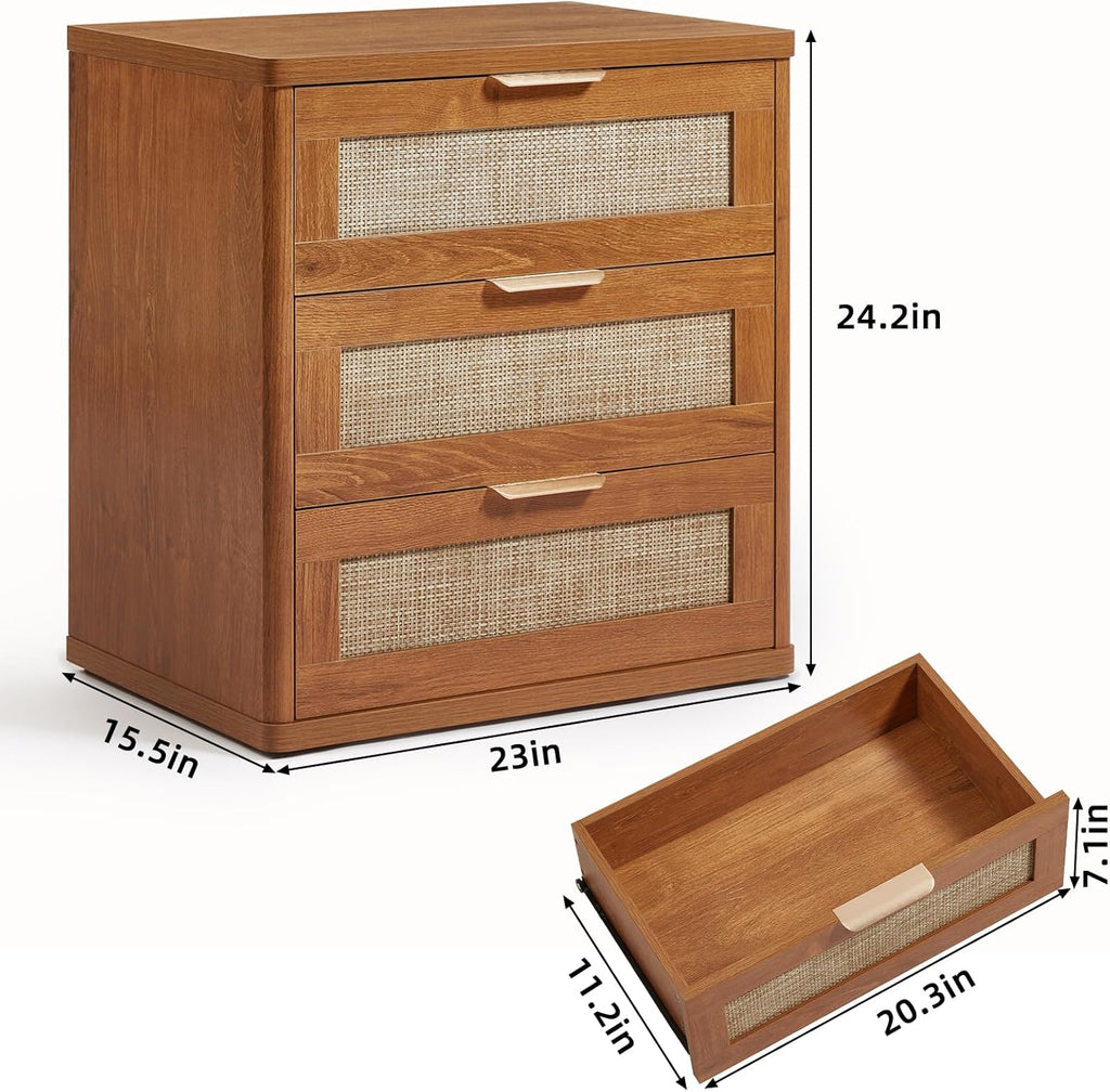 LEYAOYAO Rattan Night Stand with Drawers, 23" Large 3 Drawer Boho Nightstand, Natural Wood Bedside Table Storage Cabinet, Bed Side End Tables Dresser for Bedroom, Living Room, Hallway, Closet