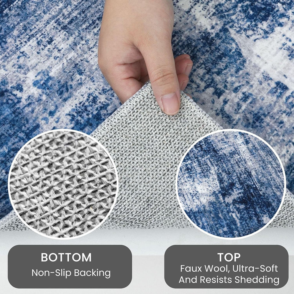 IOHOUZE Abstract Area Rugs 5x7 Ft Washable Rugs for Living Room, Non Slip Dining Room Rug, Printed Faux Wool Rugs for Bedroom, Floor Carpet for Kitchen Nursery Playroom, Navy/Grey