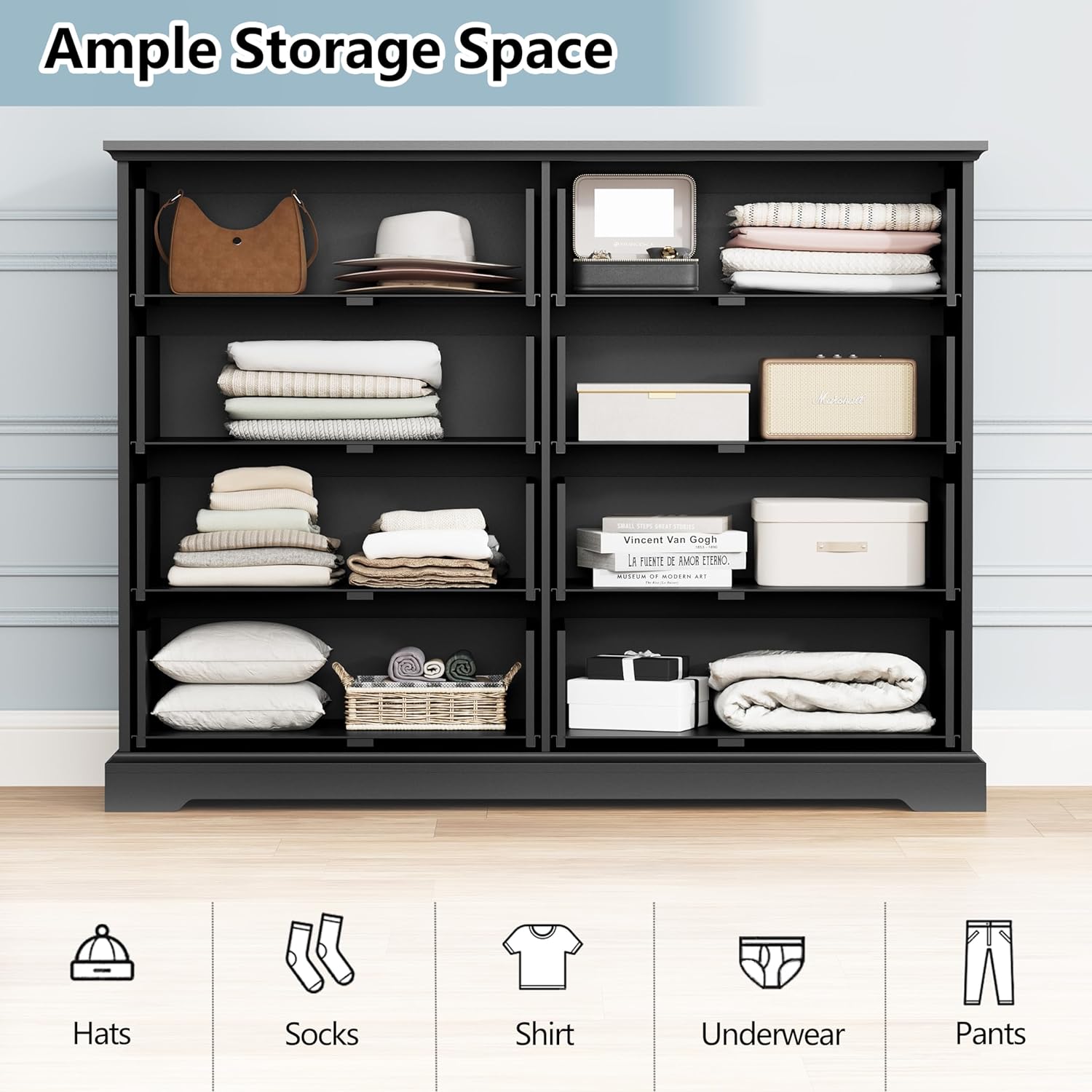 8 Drawer Dresser for Bedroom, 47" Wide Wooden Chest of Drawers, Rustic Farmhouse Dresser with Large Drawers & Metal Handles, Modern Storage Organizer for Closet, Living Room, Hallway, Black