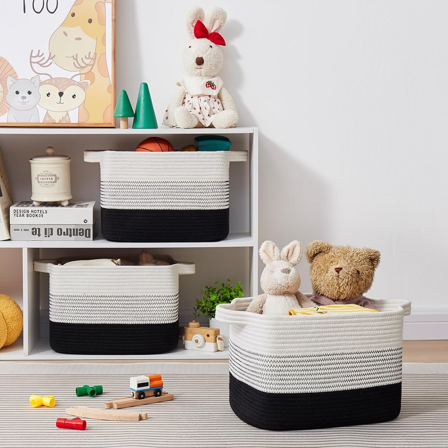 Storage Baskets for Organizing, Woven Baskets for Shelves, Rectangle Decorative Organizer for Storage Clothes, Toy, Books, Towels Nursery Bins 3 Pack (Gradient Black)