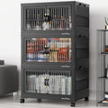 BROVIEW 240Qt Stackable Storage Bins with Lid, Extra Large Closet Organizer Collapsible Drawer Boxes with Wheels, Folding Plastic Cabinet Containers for Home Kitchen Room Organization, 3Pack Black