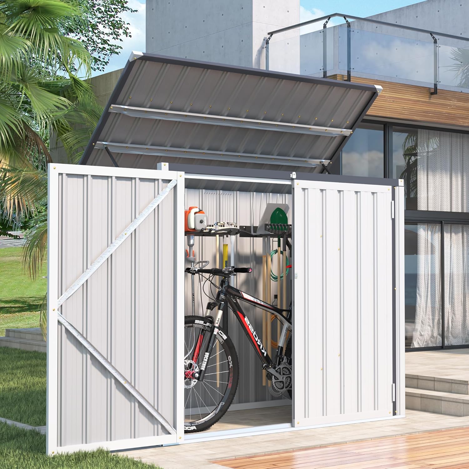 AECOJOY Outdoor Trash Can Storage Shed, 46 Cu.Ft White Trash Can Storage Shed Outdoor Horizontal Storage Cabinet Waterproof, Garbage Can Storage Bicycle Sheds & Outdoor Storage Clearance