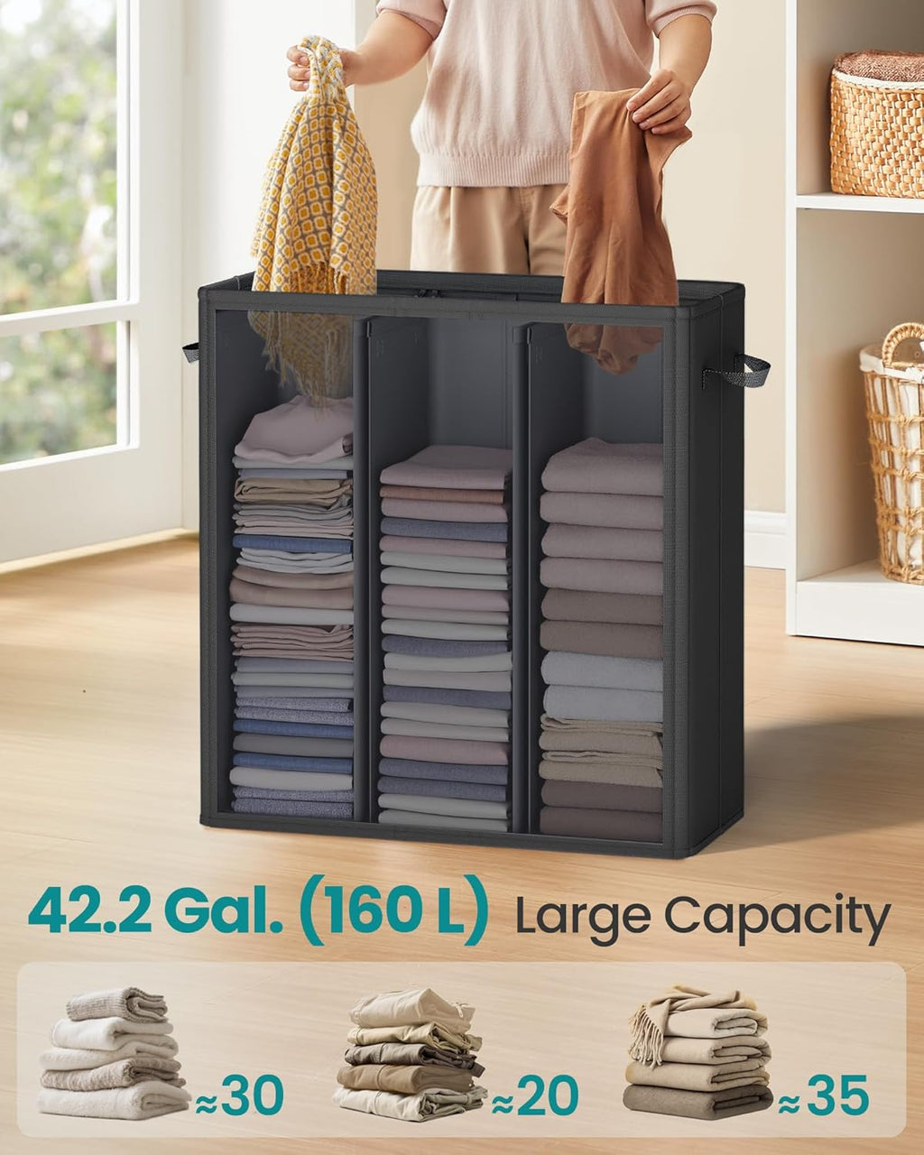 SONGMICS 42.2 Gallon (160 L) Laundry Hamper, 3-Compartment Laundry Basket Sorter with Lid, Labels, Removable Liner Bags, for Bedroom, Ink Black URLH013B01