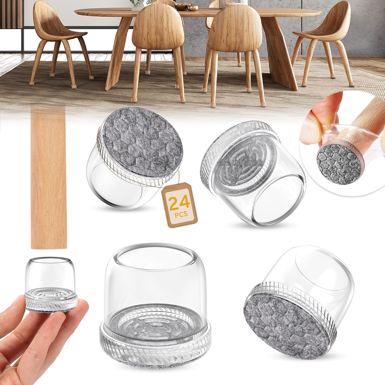 24PCS Extra Small Chair Leg Floor Protectors, Furniture Sliders, Chair Leg Protectors for Hardwood Floors, Non-Slip Felt Furniture Pads, Round Silicone Cap Covers to Protect Floors(Fit 0.5" - 0.75")