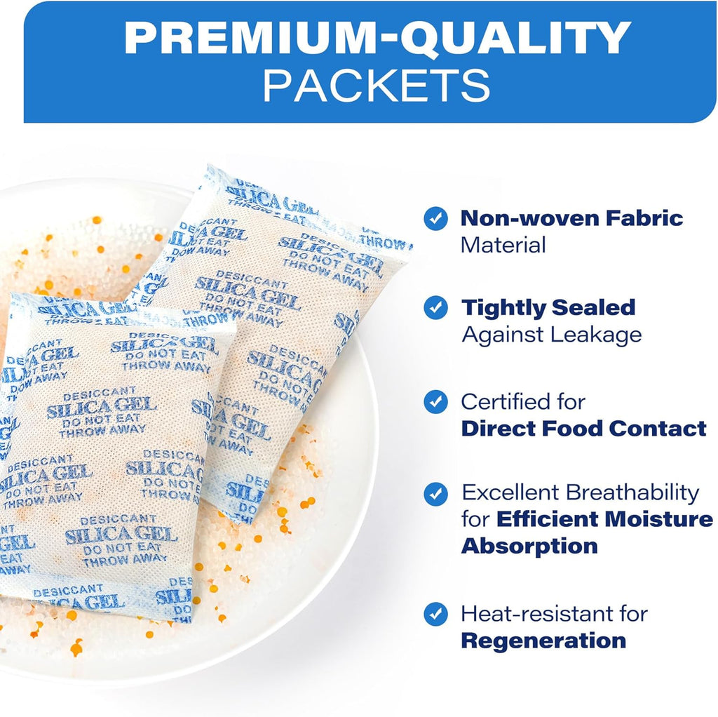 LotFancy Silica gel Desiccant, Assorted Sizes (3/5/10/20/50 Gram) Silica Gel Packets, 100Packs Total, Rechargeable Desiccant Packets with Orange Color Indicating, Food Safe