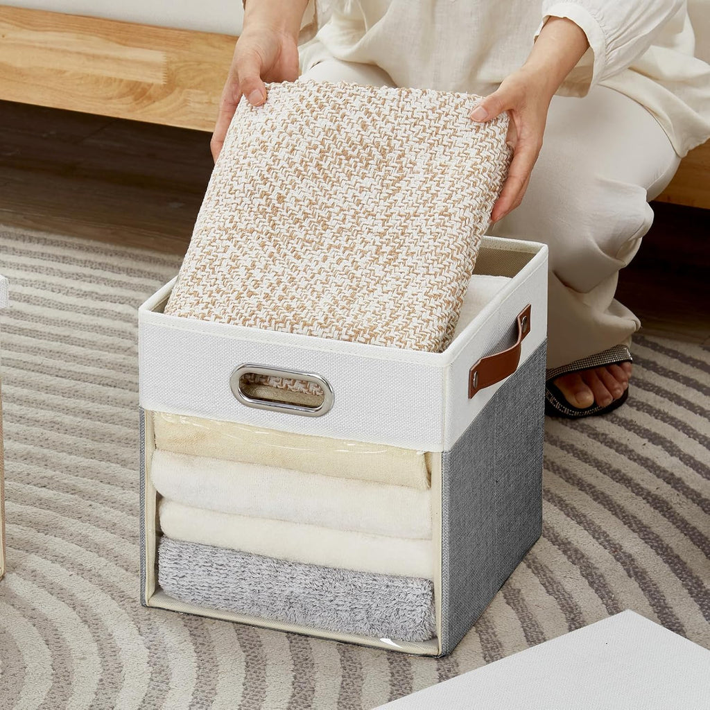 Fabric Storage Cubes with Clear Windows and Lids, 11'' Foldable Storage Bins with 3 Handles, Decorative Storage Boxes for Home, Bedroom, Closet, Office (Gray & White)