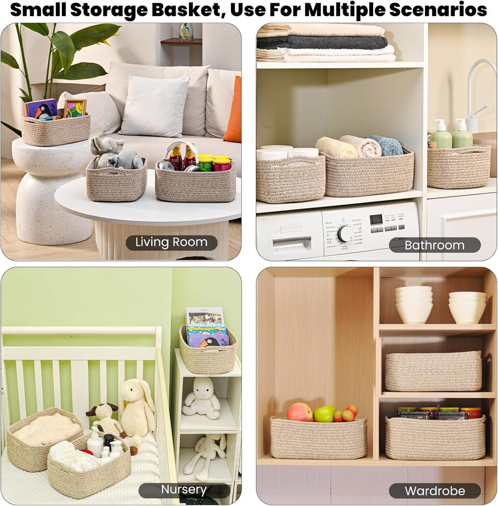 Small Baskets for Organizing, Woven Storage Baskets for Shelves, Small Rope Basket for Storage, Decorative Little Baskets for Gifts Empty, 13"×8.5"×5.1" (3 Packs) Brown