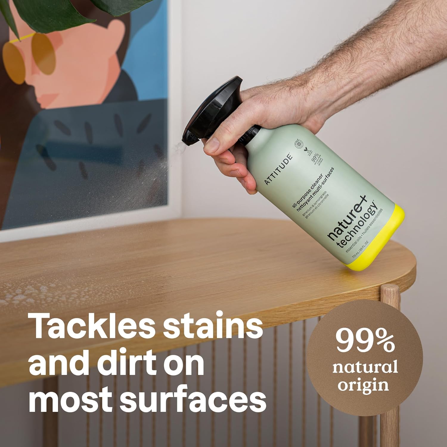 ATTITUDE All-Purpose Cleaner Spray, Natural Origin Ingredients, EWG Verified, Ammonia-Free, Removes Fingerprints, Dust and Dirt, Streak-Less, Geranium & Lemongrass, 26 Fl Oz