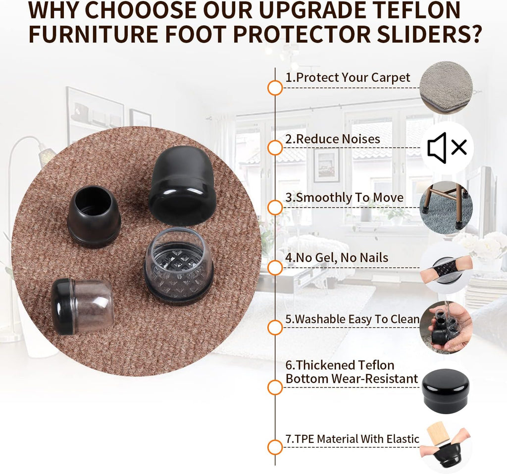 Ezprotekt 24 Pcs Clear Chair Leg Sliders for Carpet, Round Teflon Furniture Glides for Rug, Carpet Sliders Protectors Caps to Slide Smooth for Dining Table Chair, Bar Stool Legs (M Fit: 7/8" to 1")