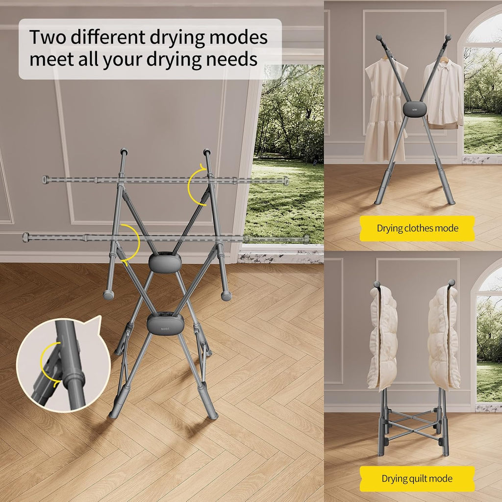BIREN Clothes Drying Rack Heavy Duty Clothing Racks Extending Laundry Rack Two Drying Modes Garment Racks for Drying Clothes, Adjustable Length from 32-55 Inches for Indoor Outdoor Use