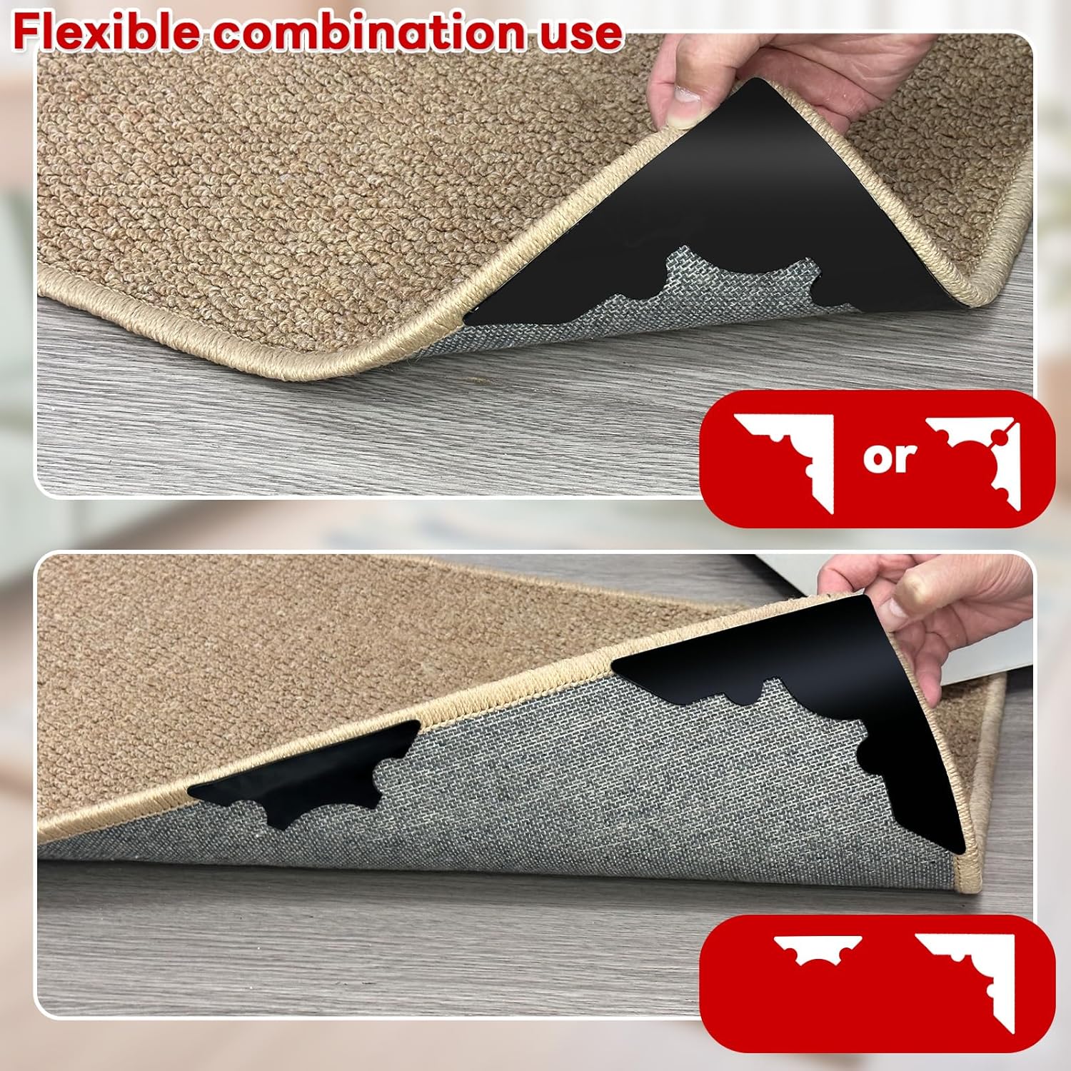 Rug Non Slip Grippers, Reusable Rug Tape Pads for Hardwood Floors, Strong Carpet Gripper for Area Rugs, No Damaging for Floor, 16Pcs