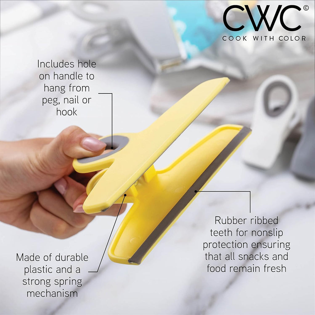 COOK WITH COLOR Bag Clips - Heavy Duty Chip Clip and Refrigerator Magnet Clips for Food Storage with Air Tight Seal Grip, Yellow and Grey, Pack of 4 Large Clips