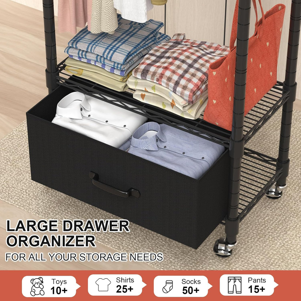 Clothes Rack, Clothing Rack for Hanging Clothes, 3 Tiers Adjustable Closet Organizer System with Drawer | Hanging Rod | Side Hooks | Load 445lbs | 23" L x 13.1" W x 78.7" H | Black