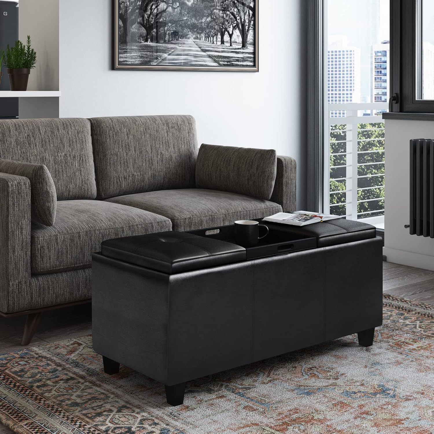 SIMPLIHOME Avalon 42 inch Wide Contemporary Rectangle Tray Storage Ottoman with Lift Up Lids in Midnight Black Vegan Faux Leather, Assembled, for the Living Room, Entryway and Family Room