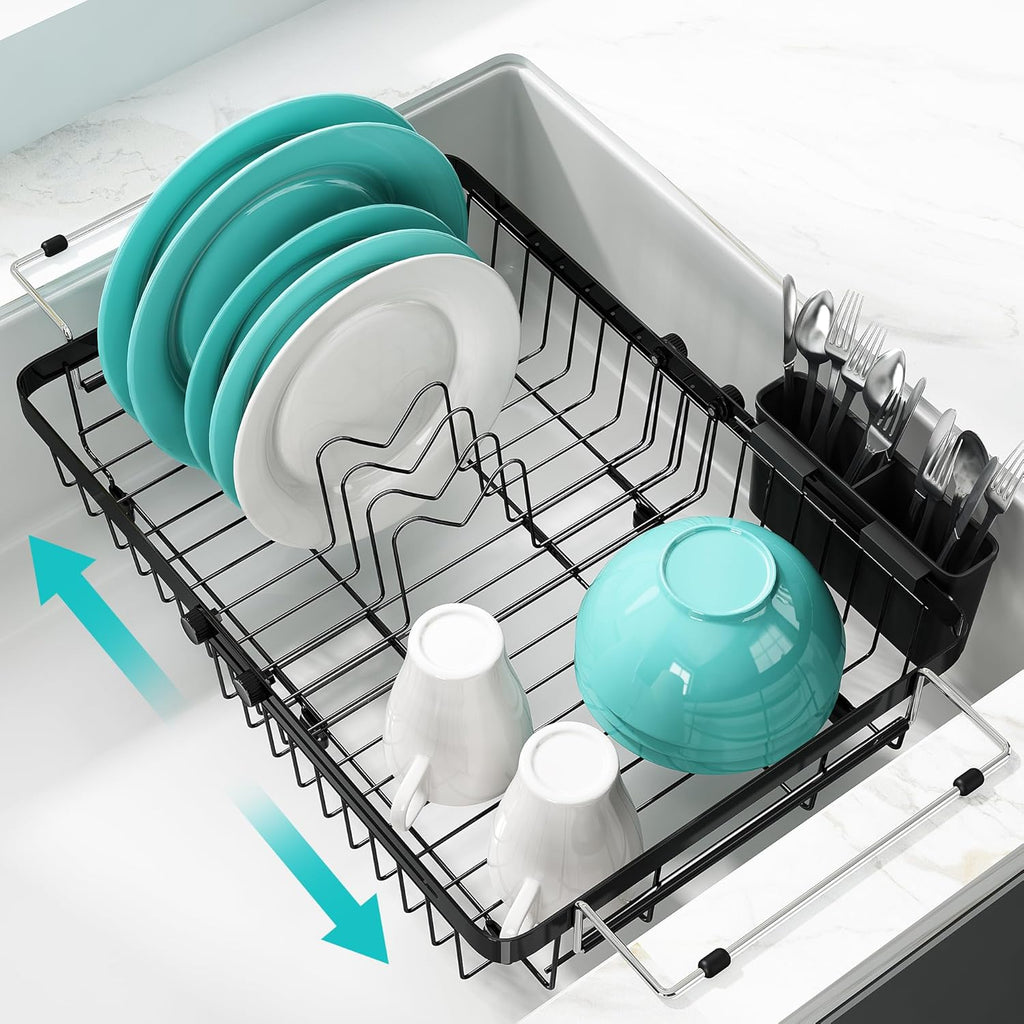 Small Expandable Over The Sink Dish Drainer Drying Rack In Stainless Steel Metal For Kitchen, Counter Space Saving Black Compact Above Plate Dryer Strainer, Adjustable Hanging Inside Sink Drain Holder