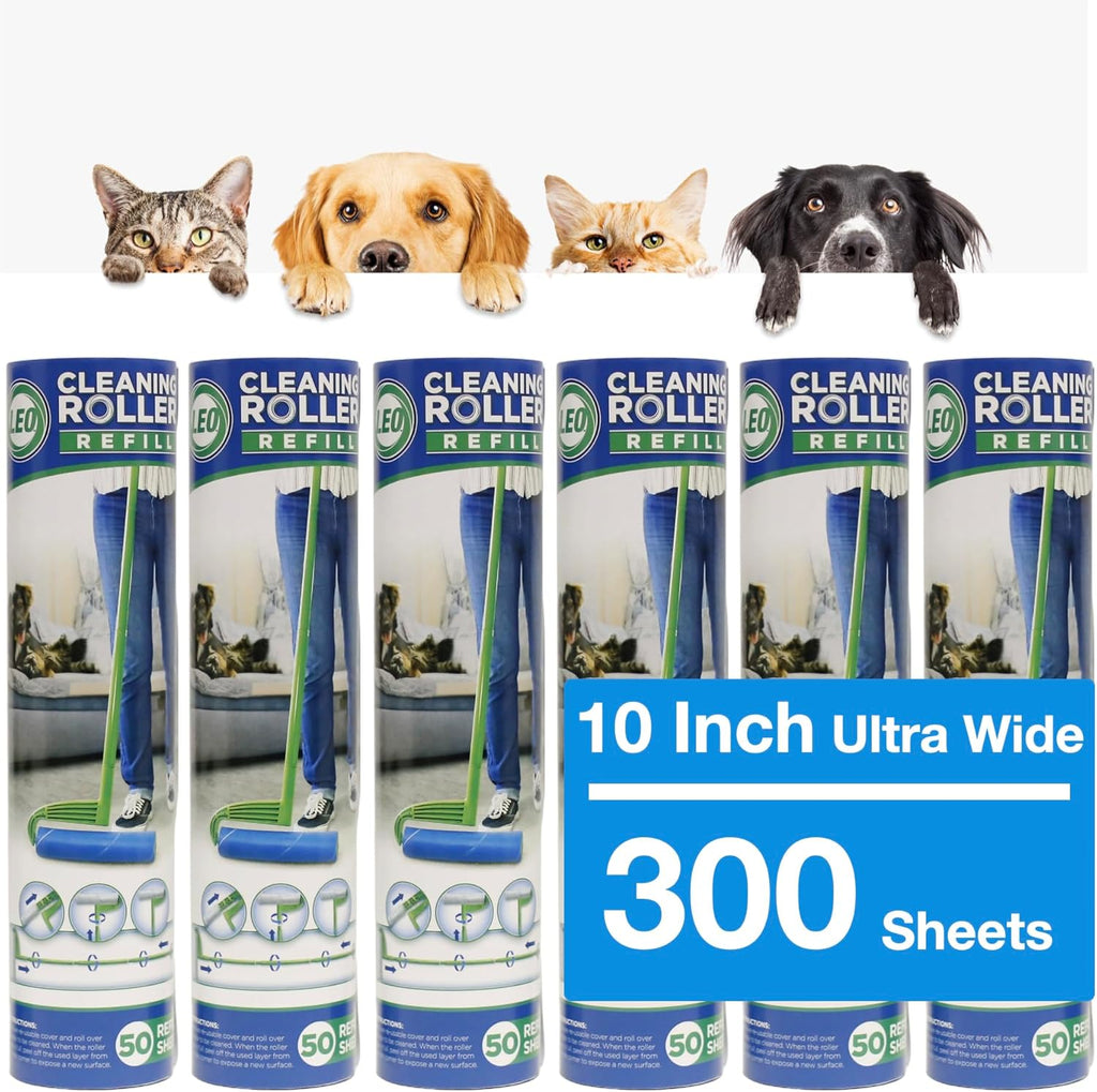 Leo 10-Inch Wide Lint Roller Refills, 6 Rolls with 50 Sheets Each (300 Sheets Total), Extra Sticky for Pet Hair, Carpet & Floor Cleaning