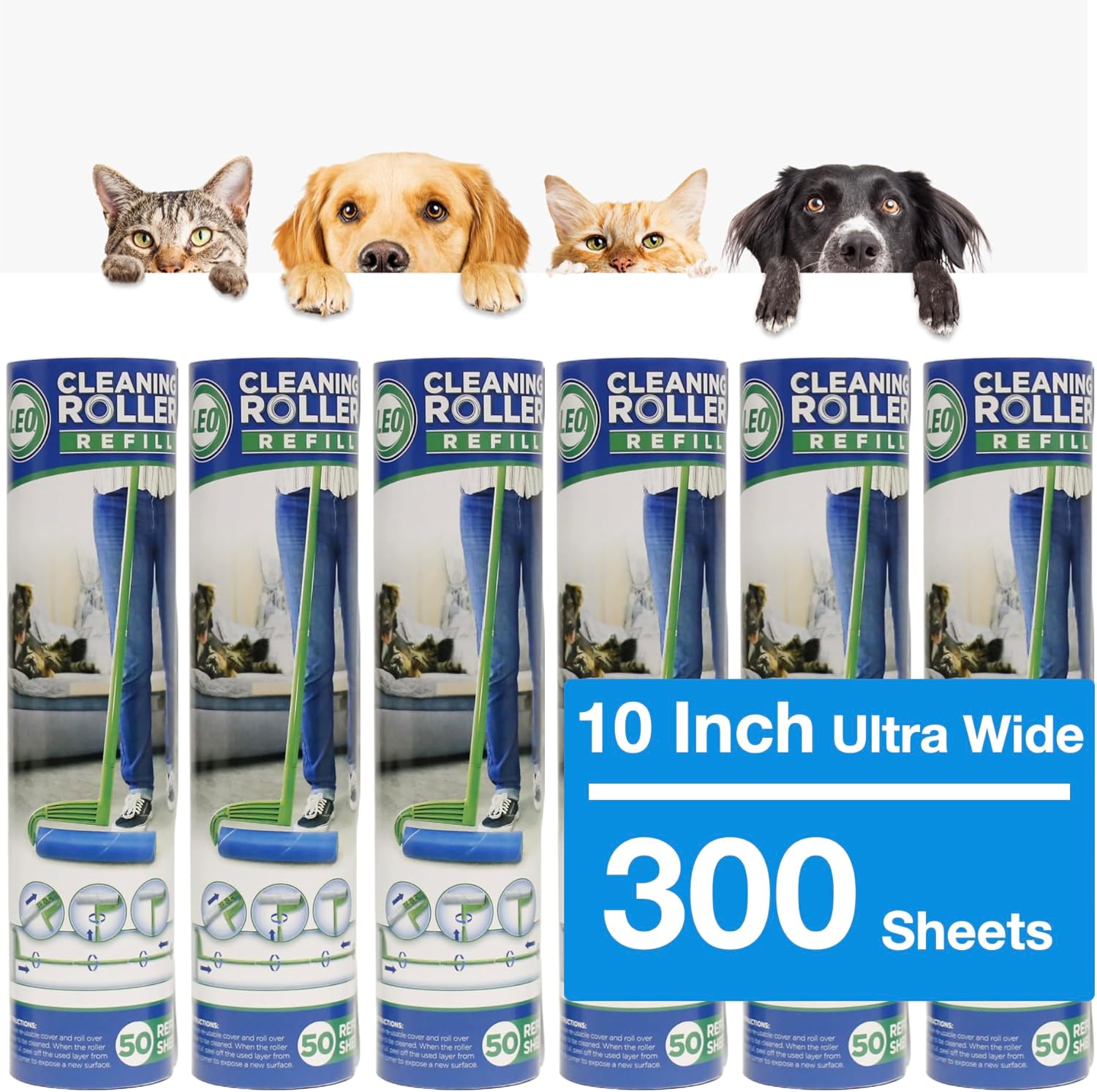 Leo 10-Inch Wide Lint Roller Refills, 6 Rolls with 50 Sheets Each (300 Sheets Total), Extra Sticky for Pet Hair, Carpet & Floor Cleaning