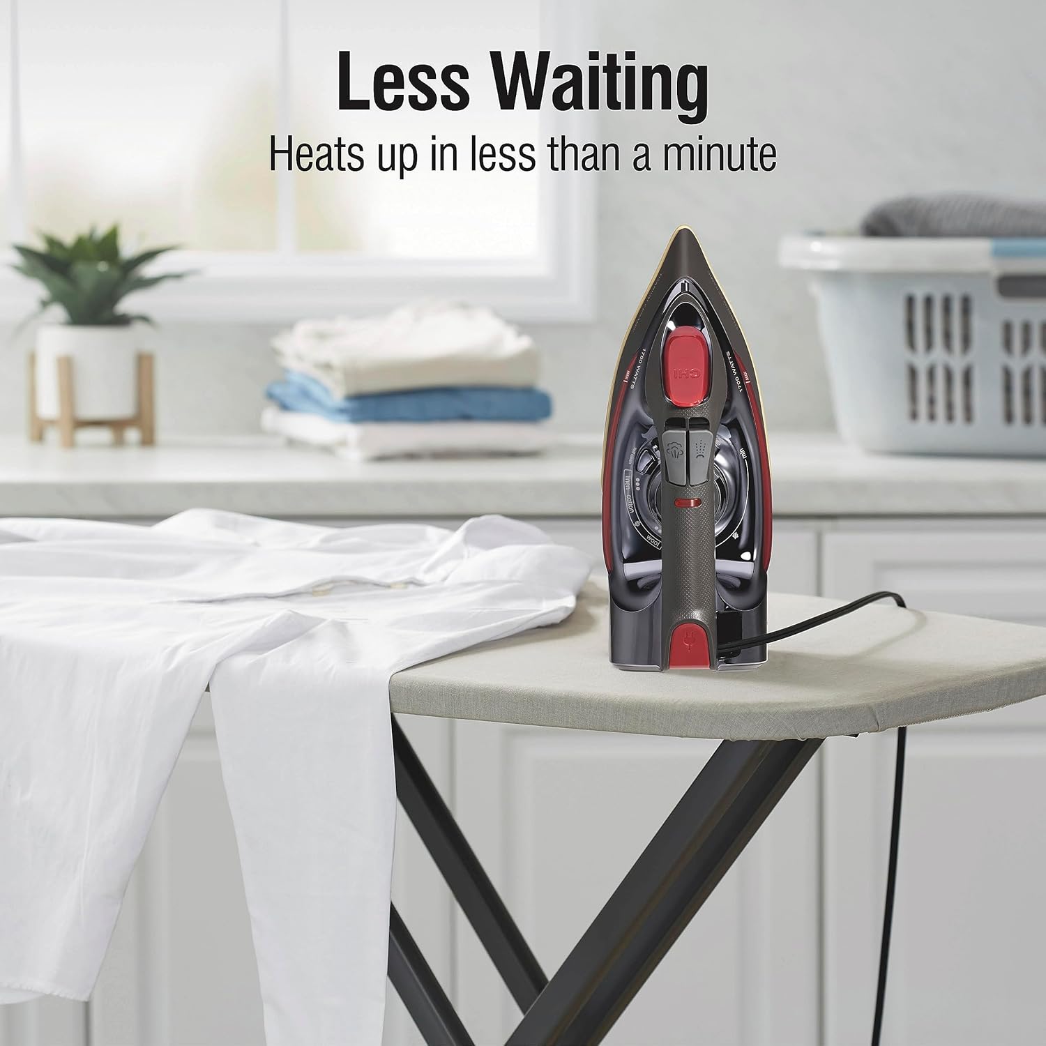CHI Steam Iron for Clothes with 8’ Retractable Cord, 1700 Watts, 3-Way Auto Shutoff, 400+ Holes, Professional Grade, Temperature Control Dial, Titanium Infused Ceramic Soleplate, Black/Chrome (13109)