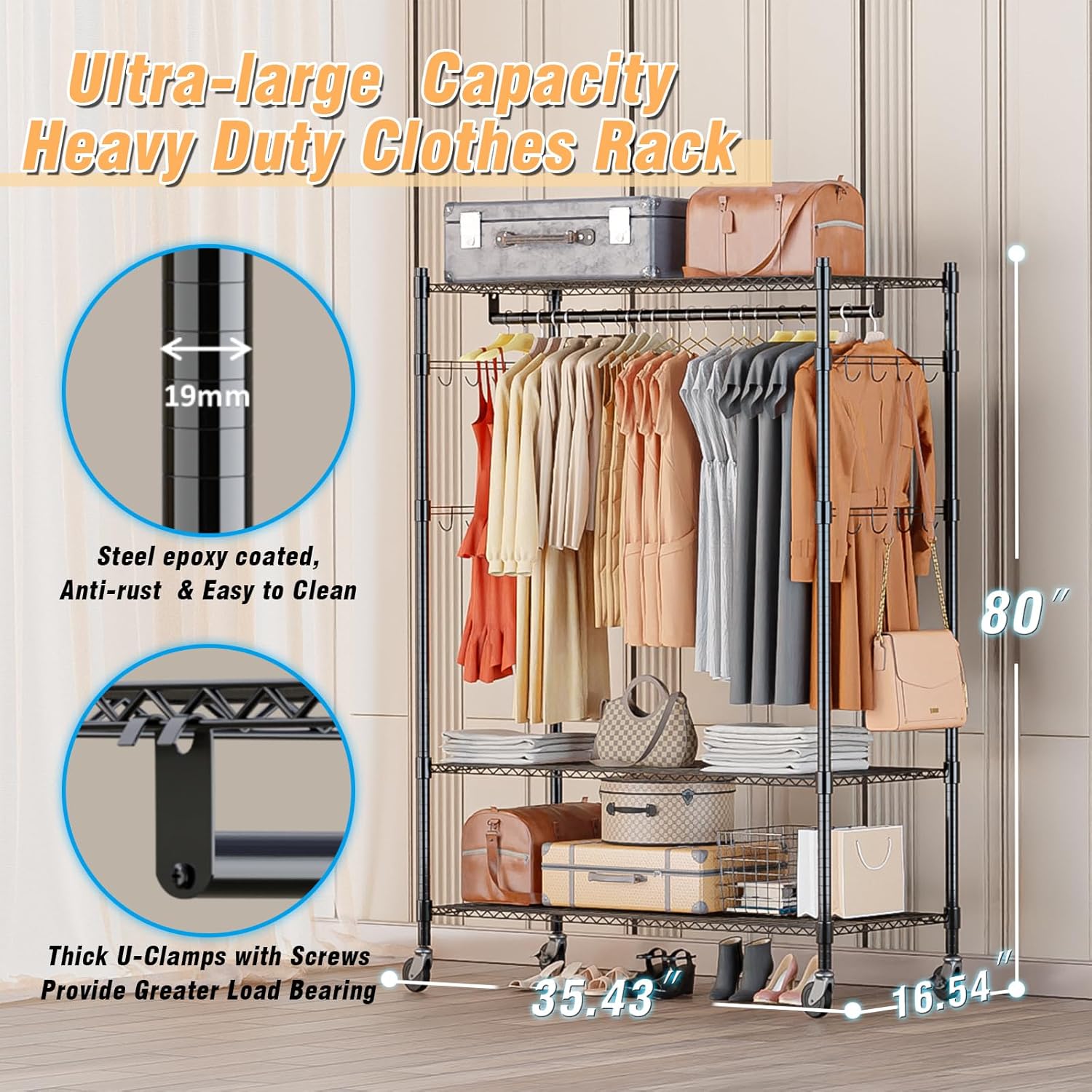 Homdox 3 Tier Heavy Duty Garment Rack with Wheels, Adjustable Wire Clothes Rack with Double Hanging Rods, Portable Closets for Hanging Clothes with Side Hooks, Black