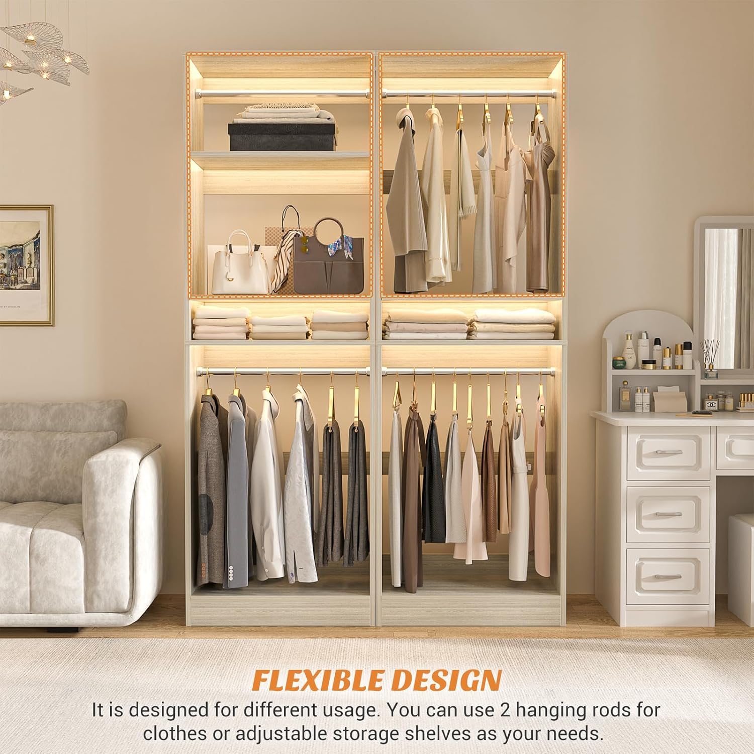 Unikito 25” Closet System, Freestanding Closets Organizer Wardrobe with Hanging Rods and Shelves, Adjustable Clothes Garment Racks, Sturdy Walk in Closet Tower, 25"W x 16"D x 80"H, White Oak