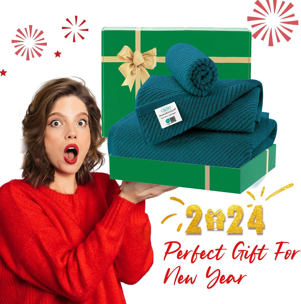 VOOVA & MOVAS Towels Set for Bathroom, 100% Cotton | Quick Dry | Soft | Thick, 3 Piece Towel Set, 1 Large Bath 30" x 56", 1 Hand 18" x 28", 1 Wash Cloth 13" x 13", Bathroom Essentials, Deep Turquoise