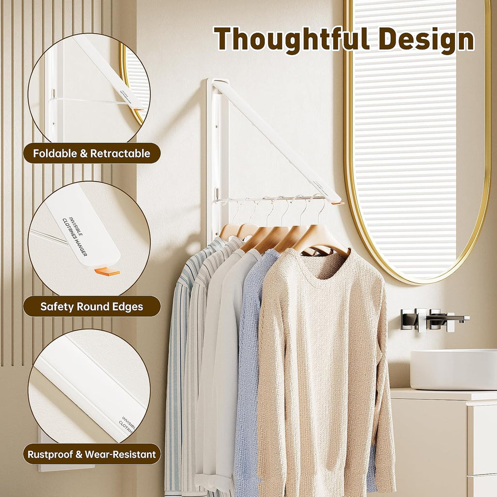 Clothes Drying Rack, Laundry Room Wall Mounted Retractable Clothes Hanger Drying Rack, Laundry Clothing Drying Rack Folding Indoor or Outdoor, Easy Installation Aluminium Dryer, 2pcs(White)