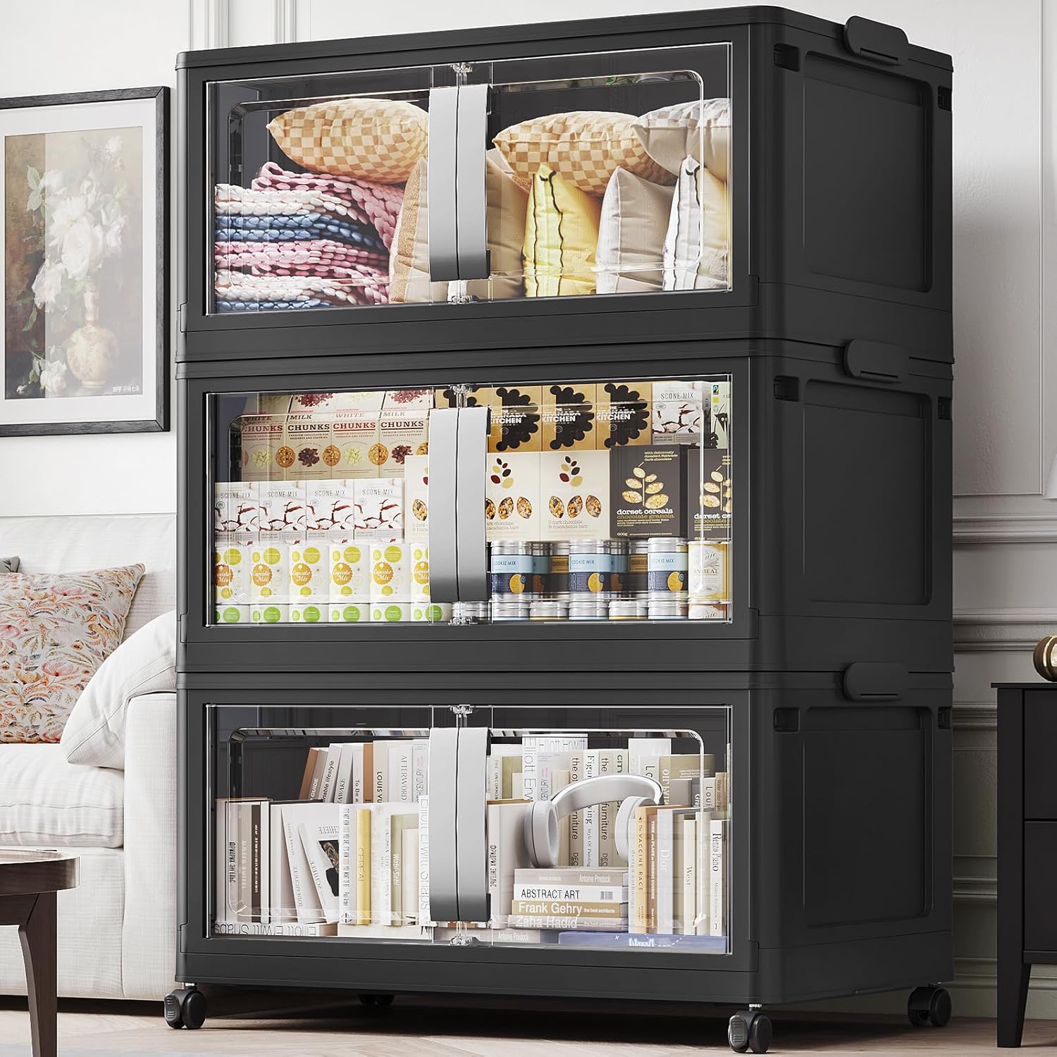 BROVIEW 480QT Stackable Storage Bins with Lids, 120Gal Extra Large Collapsible Storage Box with Wheel, Plastic Storages with Clear Door Open Front for Home Kitchen Garage, Black-3pack(3 lids)