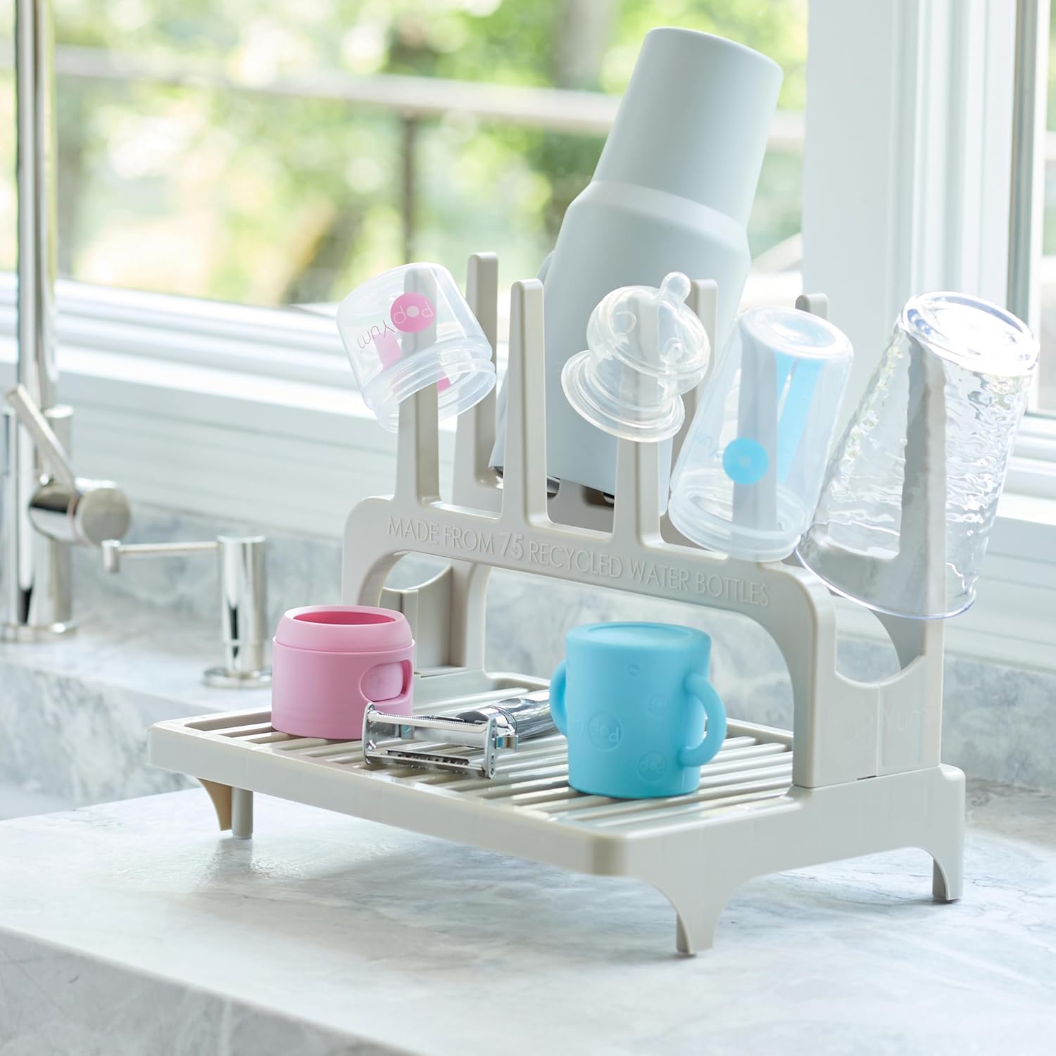 PopYum Seattle Gray Space Saving Drying Rack from 100% Recycled Bottles, countertop for Baby Bottle, Plastic Bags, Cups, Glass, tumblers, Compact