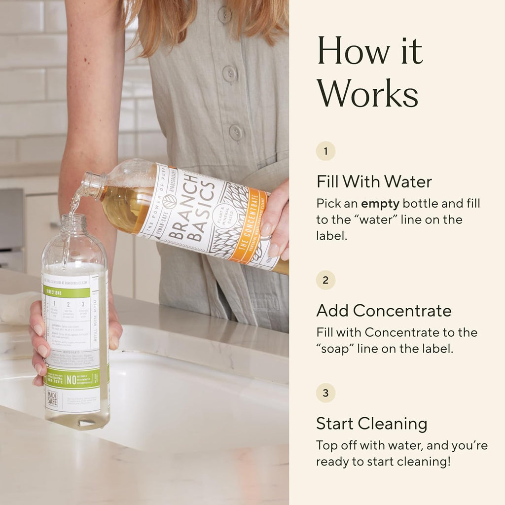 Branch Basics Cleaning Essentials Kit: All Purpose Spray, Glass Cleaner, and Bathroom Cleaner - Concentrate (33.8 Oz) + Plastic Spray Bottles for Cleaning (24 Oz) Non-Toxic, Fragrance-Free