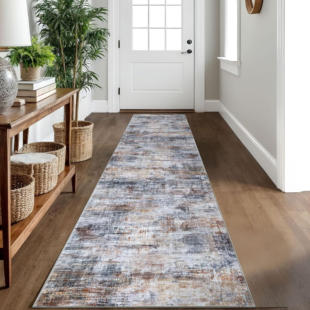 IOHOUZE Abstract Runner Rug 2x10 Ft Washable Runners for Hallways, Non Slip Kitchen Runner Printed Faux Wool Entryway Runner Indoor, Modern Abstract Floor Carpet for Hall Kitchen, Orange Grey