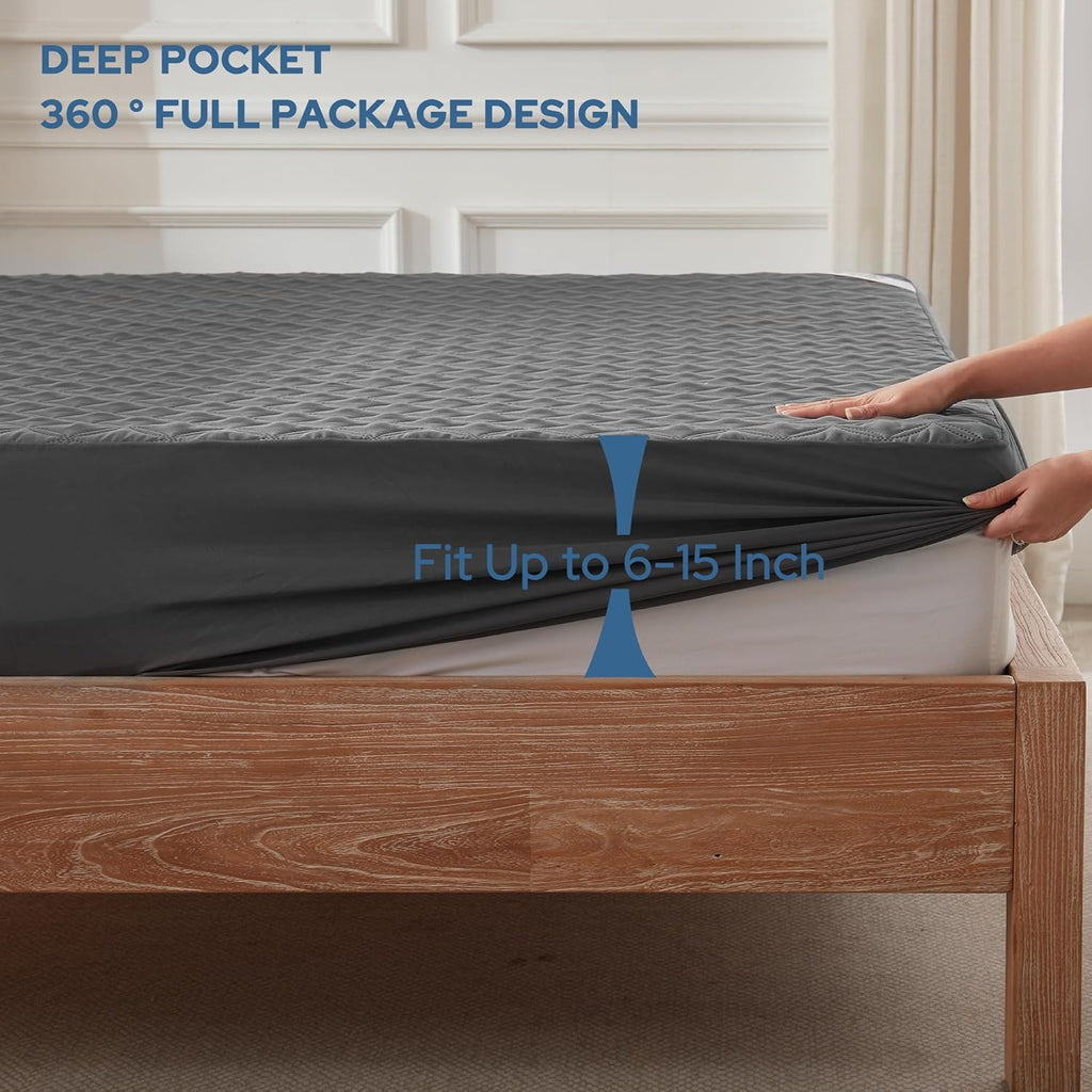 BEDLORE Waterproof Mattress Protector, Noiseless Twin Size Mattress Pad with Deep Pocket Fitted Up to 6"-15", Soft Breathable Dirt-Proof Single Bed Mattress Cover for Bedroom (Gray)