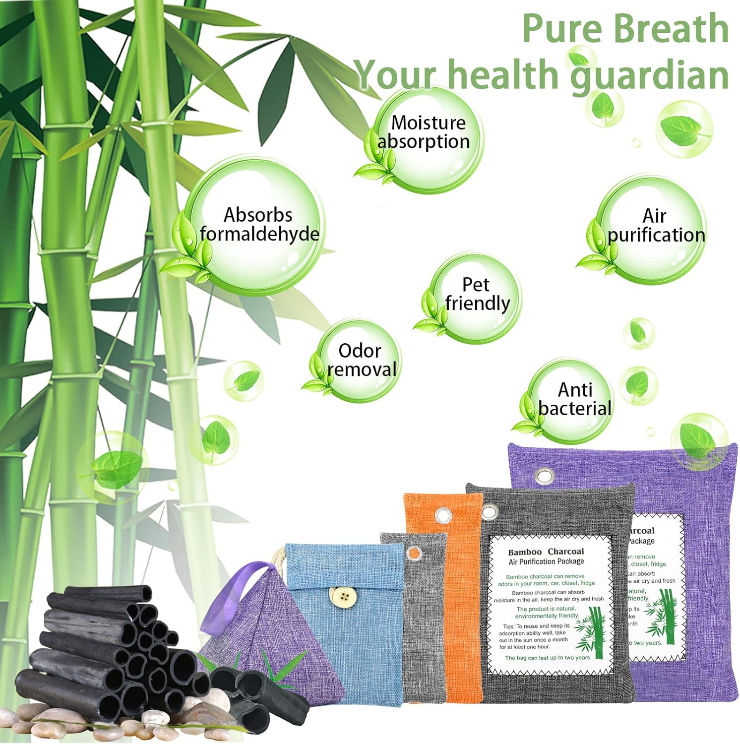 Charcoal Air Purifying Bags 6 Pack×200g Bamboo Charcoal Bags Odor Absorber, for Car Air Fresheners, Odor Eliminator for Home，Shoe Deodorizer - Colorful-Activated Charcoal Odor Absorbers